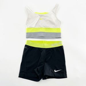 Nike Pro Dri Fit Black White Neon Sports Bra Shorts 2 Piece Set Women's Size M